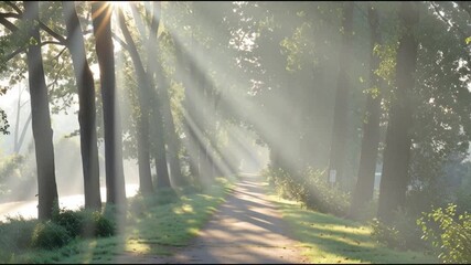 Poster - Gentle rays of sunlight illuminate a serene pathway bordered by trees near the river, creating a tranquil atmosphere in the morning