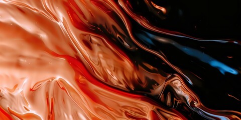 Poster - Abstract fluid art background with swirling coral, red and dark blue paint creating dynamic marble effect and flowing liquid texture on black surface.