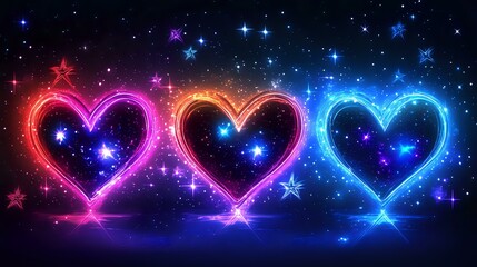 Poster - Glowing neon hearts in pink, orange and blue colors against starry night sky background with sparkles and light effects, romantic space design.