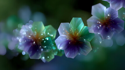 Poster - Luminous flowers with ethereal glow against dark background, featuring delicate petals in purple and turquoise tones with magical sparkles and dreamy bokeh effect.