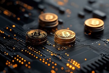 Poster - Golden cryptocurrency coins on circuit board with glowing orange elements, macro shot capturing digital finance technology and modern banking concept.