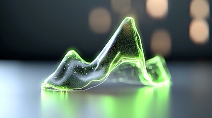 Poster - Glowing neon green mountain silhouette with misty effect against dark background, creating modern minimalist art with luminous edges and reflective surface.