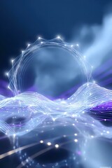 Aufkleber - Glowing network connections forming circular pattern with flowing light waves against dark blue background, illuminated by bright nodes and purple accents.