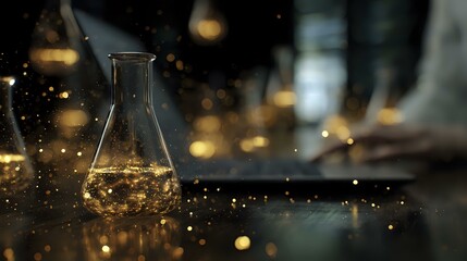 Poster - Glass laboratory flask with golden liquid and magical sparkles on dark background, creating mystical scientific atmosphere in research lab setting.