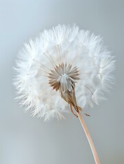 Poster - Delicate white dandelion seedhead with soft fluffy seeds ready to be blown away on gray background, showing intricate natural patterns and fragile beauty.