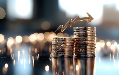 Poster - Stacks of coins with glowing arrow showing financial growth and investment success against blurred bokeh background, representing wealth and prosperity.