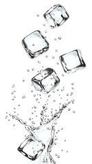 Poster - Transparent ice cubes falling with water splash and droplets on white background, dynamic composition for beverage and cooling concepts. Isolated design element.