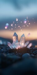 Poster - Magical crystal cluster glowing at sunset with floating crystal fragments and bokeh lights, creating mystical atmosphere against blurred nature background.