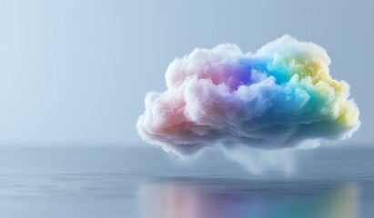 Poster - Colorful rainbow cloud floating over reflective water surface against light gray background, creating dreamy atmospheric scene with soft pastel colors and mirror effect.
