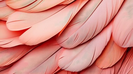 Poster - Delicate coral pink feathers in macro view creating soft layered texture and abstract pattern, gentle curves and overlapping shapes in living coral color palette.