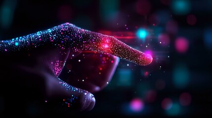Poster - Glowing digital hand silhouette with sparkling particles in pink and blue neon colors against dark background, representing artificial intelligence and future technology.