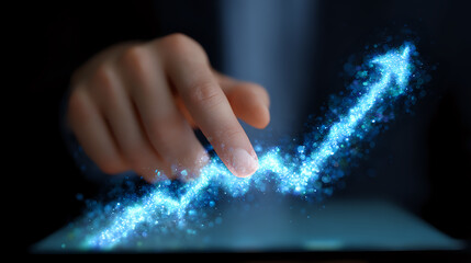 Poster - Glowing blue digital graph line emerges from tablet screen as finger touches interactive display, showing business growth and technological advancement in dark setting.