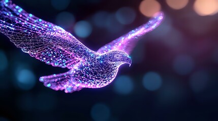 Poster - Glowing digital bird silhouette with purple and blue neon wireframe effect flying against dark background with bokeh lights, modern technology concept.