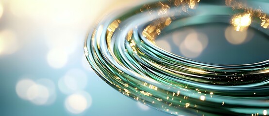 Poster - Glowing fiber optic cables with golden light effects on turquoise background, macro view showing technology connectivity and data transmission concept.