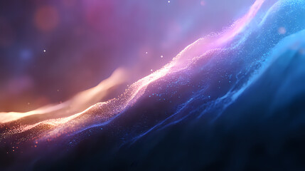 Poster - Ethereal cosmic waves with glowing particles in pink and blue colors create magical atmospheric background with shimmering light effects and bokeh elements.