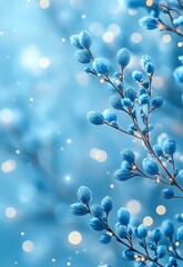 Poster - Delicate frost-covered blue winter branches with soft bokeh lights in background create magical seasonal atmosphere for holiday designs and winter cards.