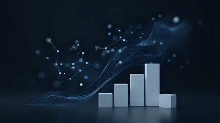 Poster - Growing bar chart with digital network elements and glowing connections on dark background showing business analytics and data visualization.