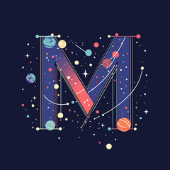 Poster - Decorative letter M with colorful planets stars and space elements cosmic alphabet design with orbit lines and night sky gradient background vector illustration