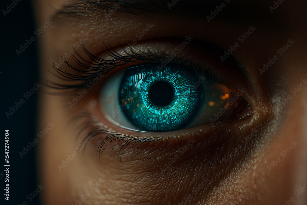 AI generated extreme close up of a human eye enhanced with glowing ...