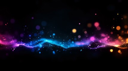 Poster - Glowing colorful wave with sparkles and bokeh lights on black background, magical energy flow in purple, blue and orange colors creating cosmic effect.