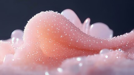 Poster - Soft pink organic abstract shapes with water droplets and delicate sparkles on dark background create dreamy macro photography composition.