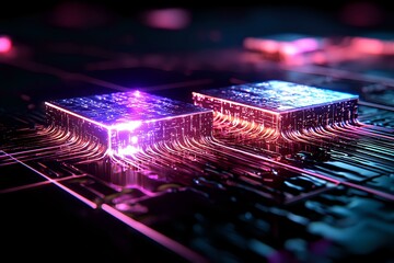 Poster - Glowing microprocessor chips on circuit board with purple and blue neon lights creating futuristic technology visualization for computing concepts.