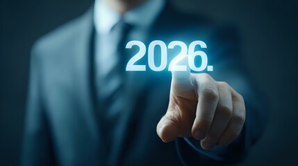 Poster - Businessman in dark suit pointing at glowing 2026 number floating in dark space, representing future business planning and digital transformation concept.