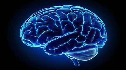 Poster - Glowing blue neon brain illustration on black background shows detailed anatomical structure with luminous effect, suitable for medical and educational presentations.