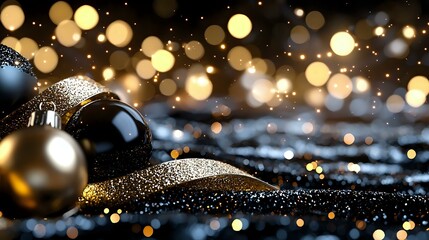 Poster - Festive black and gold Christmas ornaments with glitter against dark background with magical bokeh lights creating luxurious holiday atmosphere.