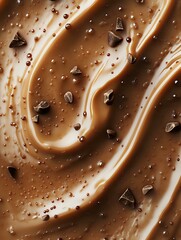 Poster - Swirling chocolate cream with scattered dark chocolate chips creating dynamic waves and texture in rich brown tones, macro food photography for dessert advertising.