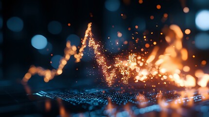 Poster - Glowing stock market chart with orange sparks and bokeh effects on dark background shows financial growth and trading concept for business analytics.