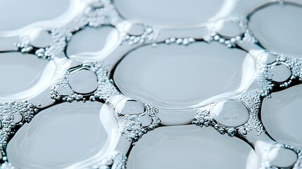 Poster - Microscopic view of cellular structure in grayscale showing interconnected circular patterns with detailed membrane-like borders and bubble formations. Scientific research concept.