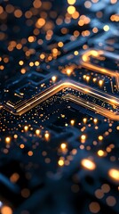 Poster - Glowing circuit board with golden light traces and bokeh effects on dark blue background, macro photography showing electronic pathways and connections.