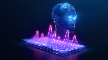 Poster - Glowing holographic head projection with neon pink sound wave visualization emerging from smartphone screen against dark background in futuristic style.