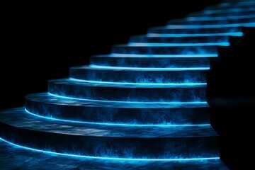 Poster - Glowing blue neon spiral staircase steps illuminated in darkness with ethereal light effect creating futuristic architectural detail against black background.