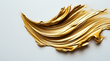 Poster - Abstract golden wave sculpture with dynamic fluid motion and metallic texture against white background, suitable for luxury branding and modern interior design elements.