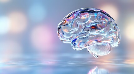 Poster - Translucent crystal brain model with pink and blue reflections floating above mirrored surface against soft bokeh background, medical science concept.