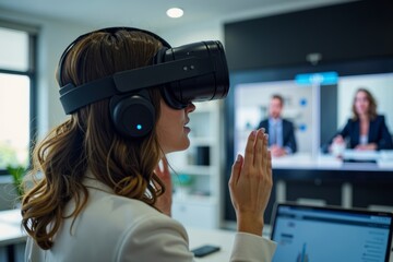 Poster - Young businesswoman uses VR headset for remote business meeting in futuristic office setting.