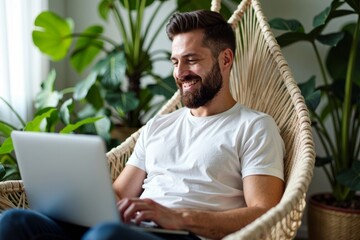 Poster - Relaxing Advisor in Indoor Hammock Chair with Laptop and Green Plants