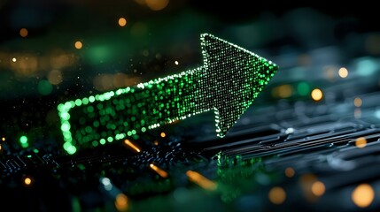Poster - Glowing green digital arrow made of binary code points right on computer circuit board with bokeh light effects, representing digital transformation and data flow.