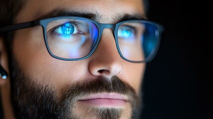 Poster - Close up portrait of young bearded man in glasses with blue light reflection in eyes and lenses, showing digital screen effect and modern technology impact.