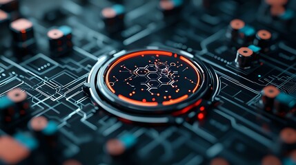 Poster - Glowing orange molecular structure displayed on futuristic circular screen embedded in dark circuit board background, representing advanced technology and science.