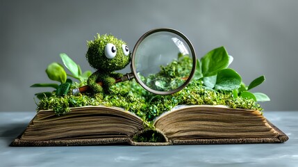 Poster - Whimsical green monster toy with magnifying glass sits on open vintage book decorated with moss and green leaves against blurred background.