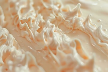 Poster - Soft waves of whipped cream in peach and white tones create delicate texture and pattern, macro photography shows intricate details of sweet dessert topping.