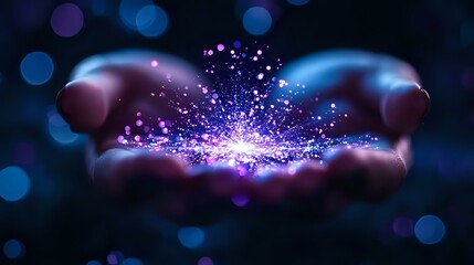 Poster - Magical glowing sparkles and light particles floating above cupped hands against dark background with bokeh effect, creating mystical atmosphere.