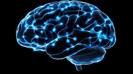 Poster - Glowing blue brain model on black background shows detailed neural network and anatomical structure, suitable for medical and educational presentations.