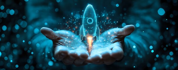 Poster - Glowing rocket launching from open palms against dark background with magical blue bokeh lights and smoke effects, symbolizing business growth and innovation.