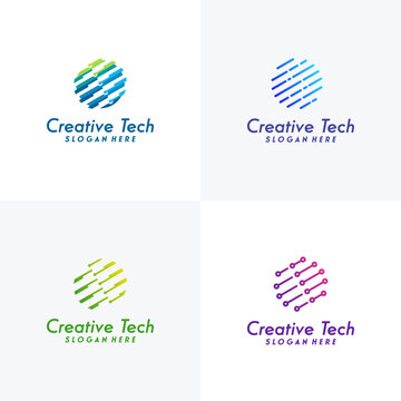 Set of Modern World Tech logo designs concept vector illustration, Abstract Circle Technology logo template, Wire Tech logo designs vector