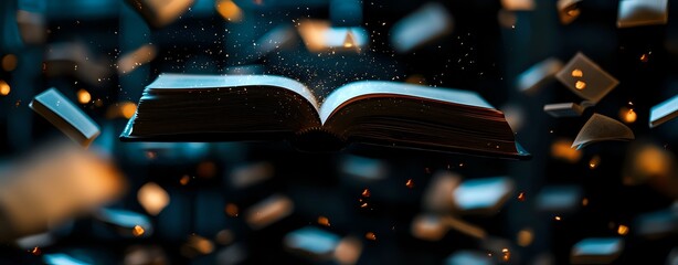 Poster - Open book floating in dark space surrounded by glowing particles and bokeh lights creating magical atmosphere for education and reading concepts.
