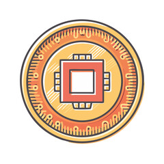Poster - Stylized Computer Chip Centered on a Fictional Coin with Custom Markings